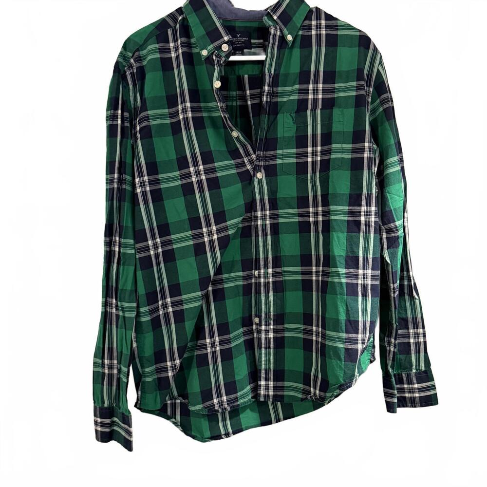 AMERICAN EAGLE Mens SZ M Blue/Green Plaid L/S Classic‎ Fit button down shirt